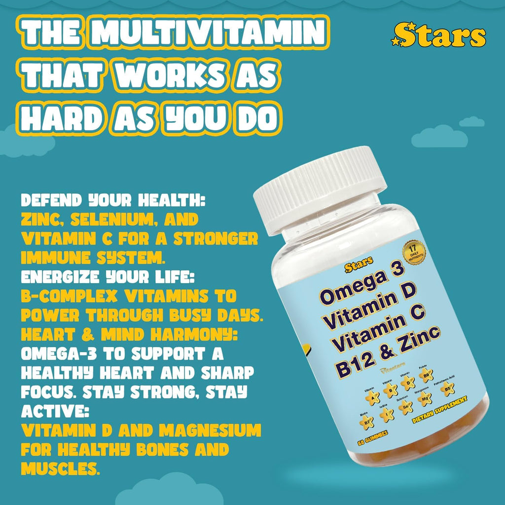Adult Multivitamin Gummies with Omega 3 - Daily Vitamins A, B, C, D & Biotin - Gluten-Free, Plant-Based Multivitamin for Men & Women with Selenium, 60 Gummies