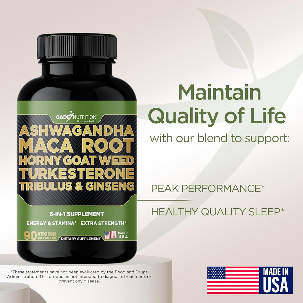 Gade Nutrition Ashwagandha with Maca Root, Horny Goat Weed, Turkesterone Supplement, Tribulus Terrestris, Panax Ginseng | 90 Vegetable Capsules for Energy, Stamina, Performance. | Made in USA