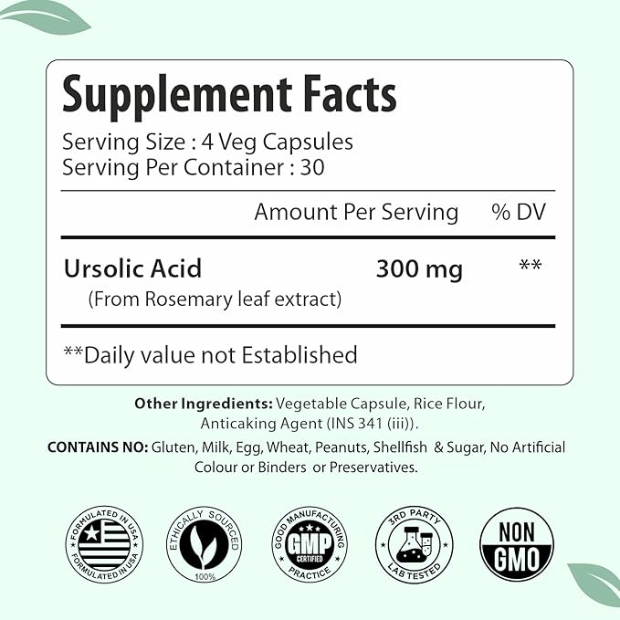 Ursolic Acid Supplement 300mg, Natural Rosemary Leaf Extract, 120 Vegan Capsules, 1 Month Supply, Non-GMO & Gluten Free Ursolic Acid Capsules for Men and Women