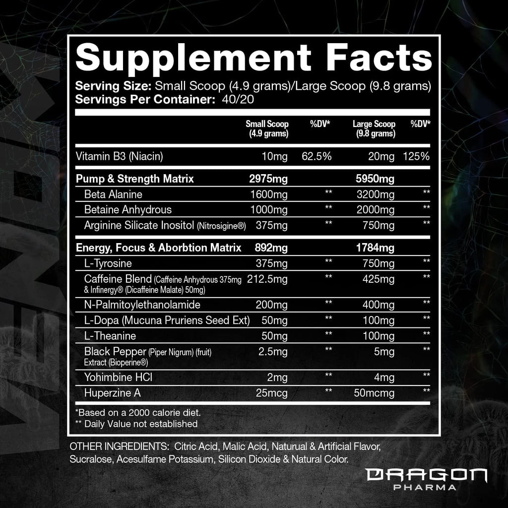 DRAGON PHARMA Venom Extreme Potency Pre-Workout, Laser Sharp Focus + Energy, Intense Performance, Proven Ingredients for Enhanced Vasodilation & Endurance (40 Servings, White Dragon)