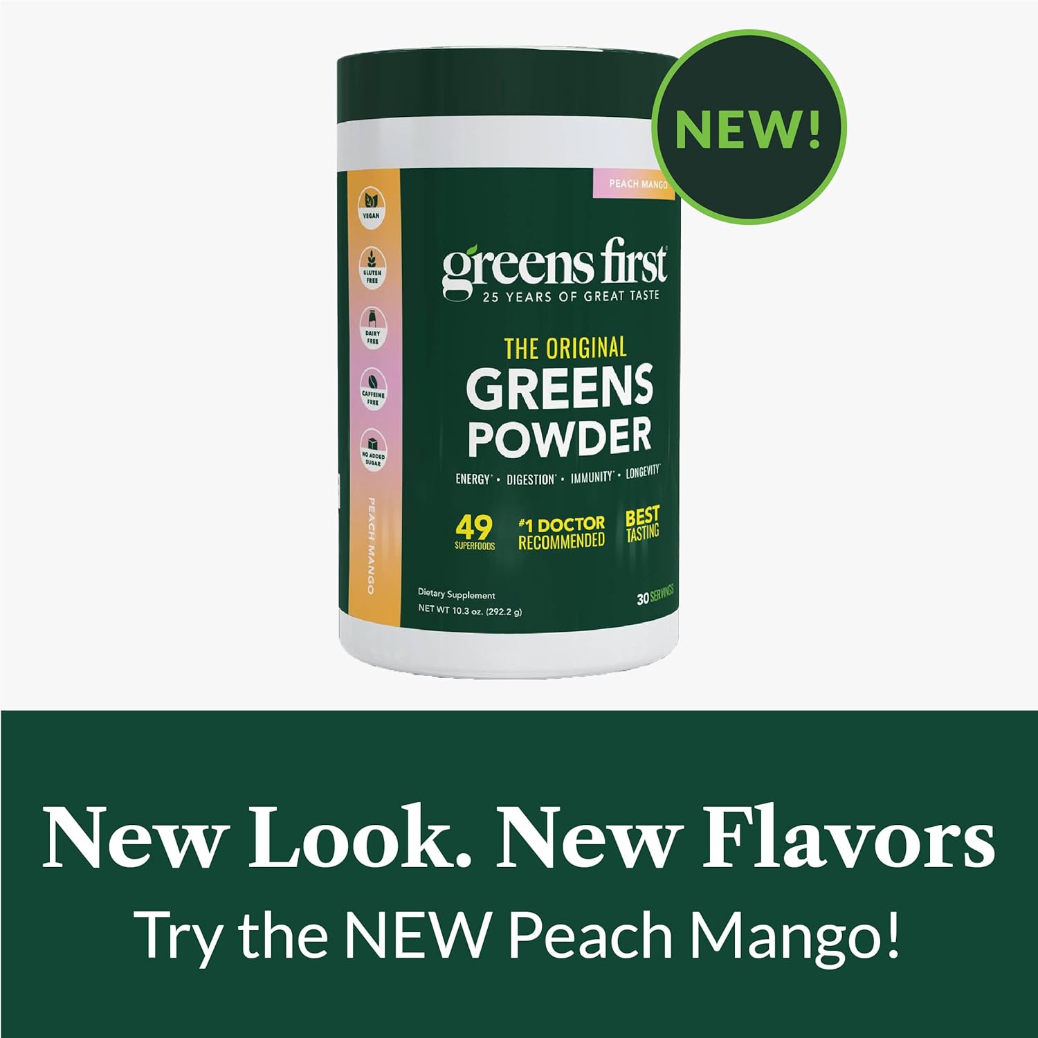 Greens First Original Greens Powder - 49 Superfoods - Organic Fruits & Veggies - Prebiotics, Probiotics & Digestive Enzymes - Antioxidant Smoothie - Dairy Free/Vegan/Non-GMO (Peach Mango, 30 Servings)