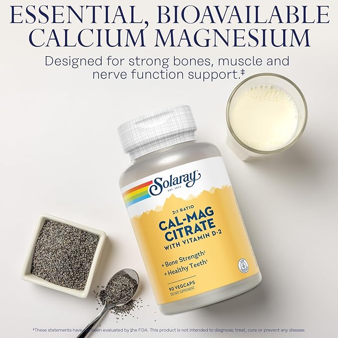 Solaray Calcium Magnesium Citrate 2:1 Ratio - Calcium Supplements for Women and Men w/Magnesium and Vitamin D 2 - Bone Health, Muscle and Nerve Support - Vegan, 60-Day Guarantee, 15 Serv, 90 VegCaps