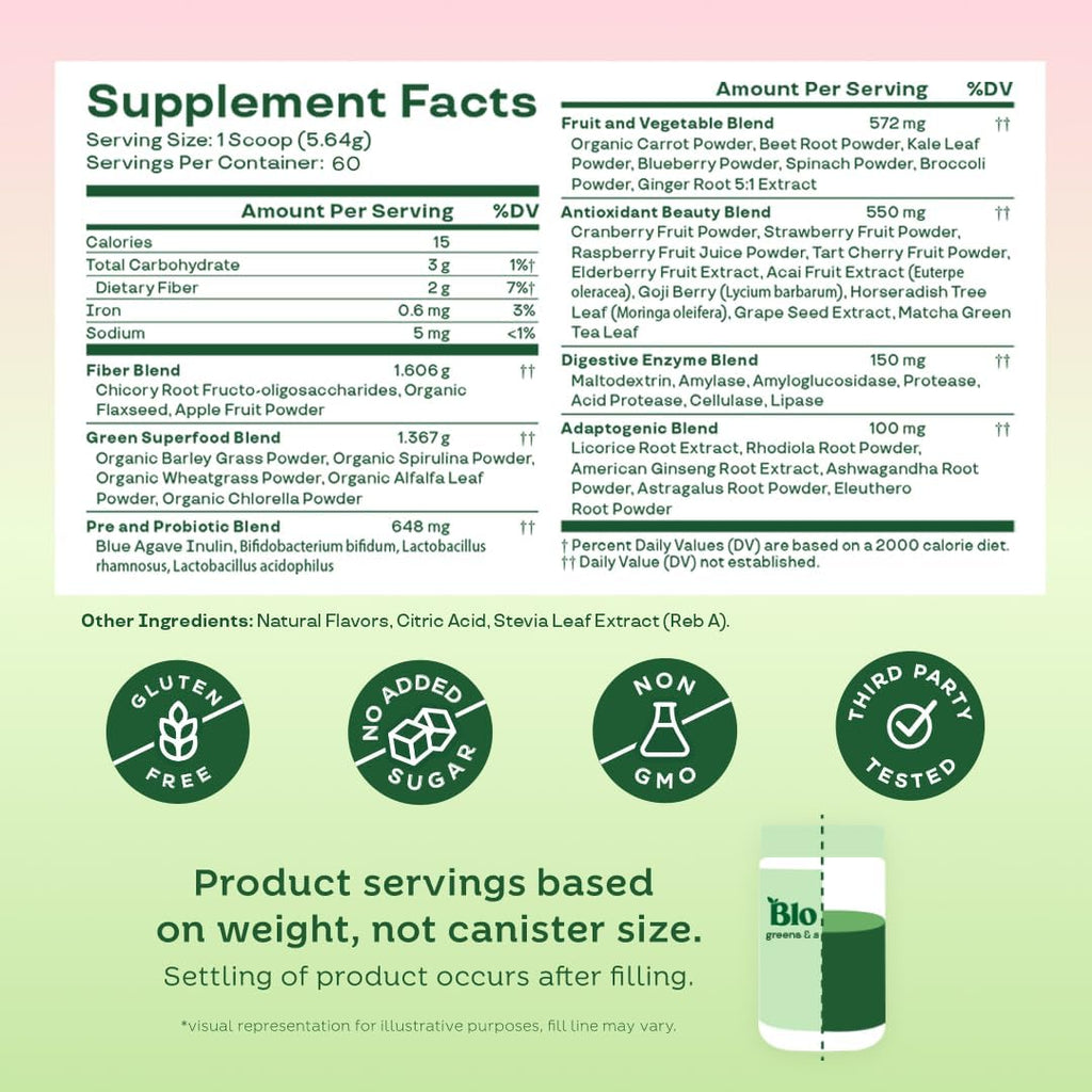 Bloom Nutrition Superfood Greens Powder, Digestive Enzymes with Probiotics and Prebiotics, Gut Health, Bloating Relief for Women, Chlorella, Green Juice Mix w Beet Root Powder, 60 SVG, Strawberry Kiwi