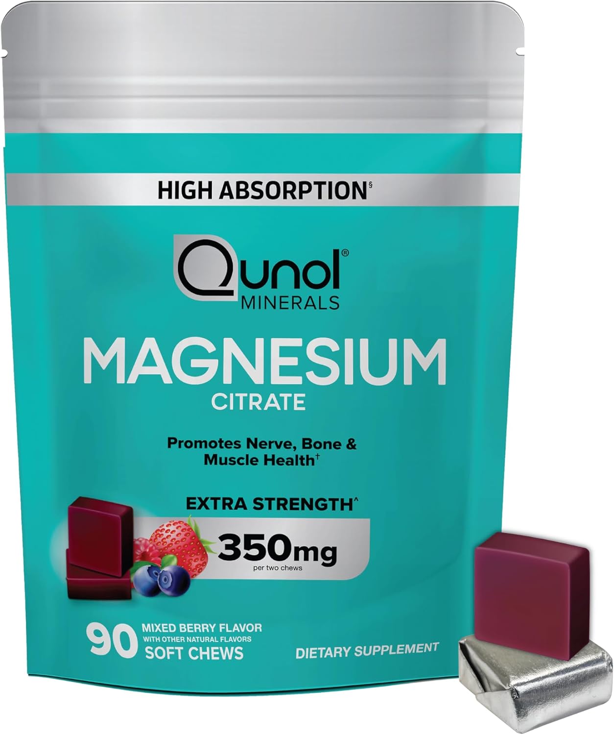 Qunol Magnesium Citrate Soft Chews, 350mg Extra Strength Magnesium Supplement, High Absorption to Support Nerve, Bone and Muscle Health, 90 Count