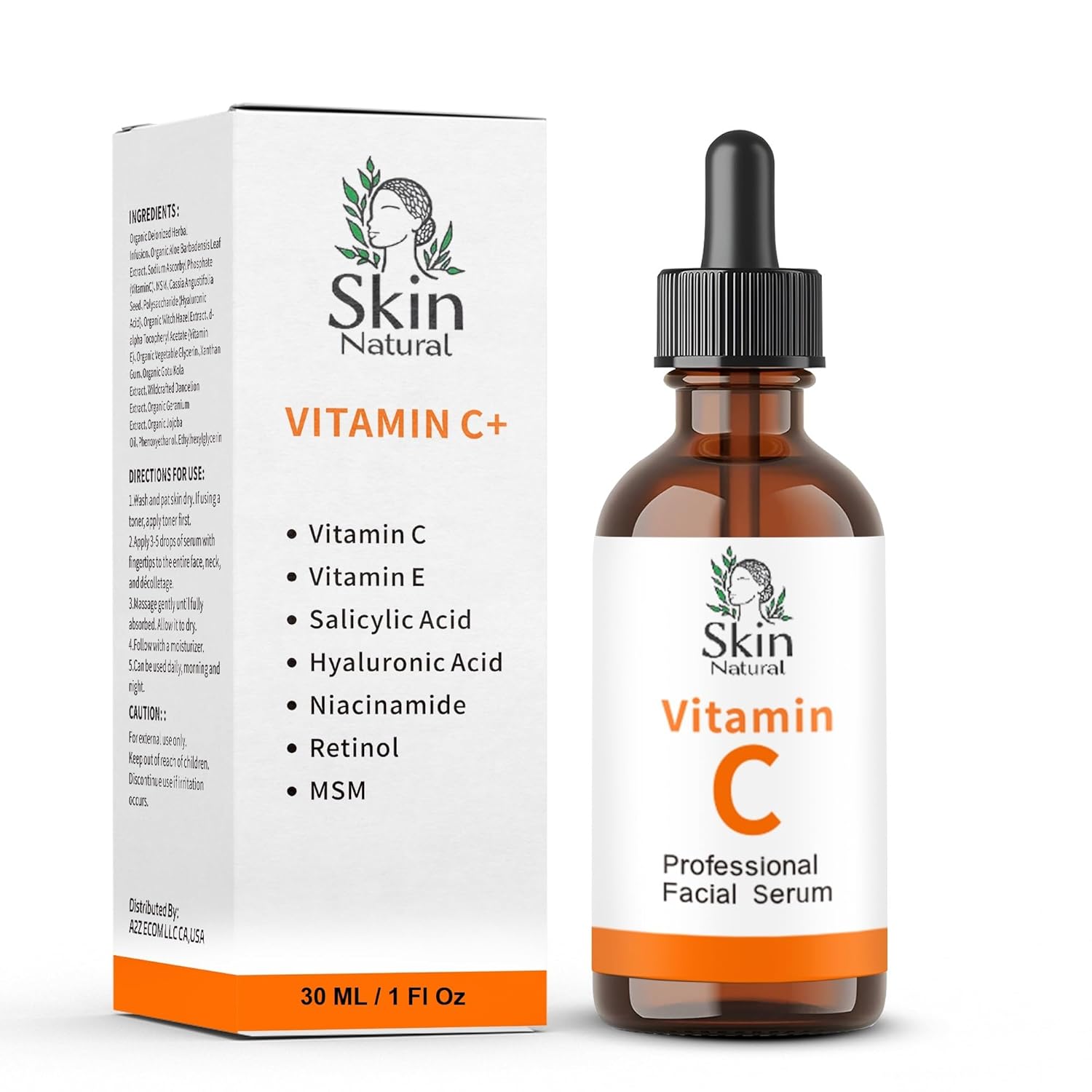 Skin Natural's Vitamin C Facial Serum - Anti-Aging, Brightening & Hydrating - Hyaluronic Acid, Retinol & Vit E - Fades Dark Spots - for All Skin Types, 1 fl Oz (1 Fl Oz)
