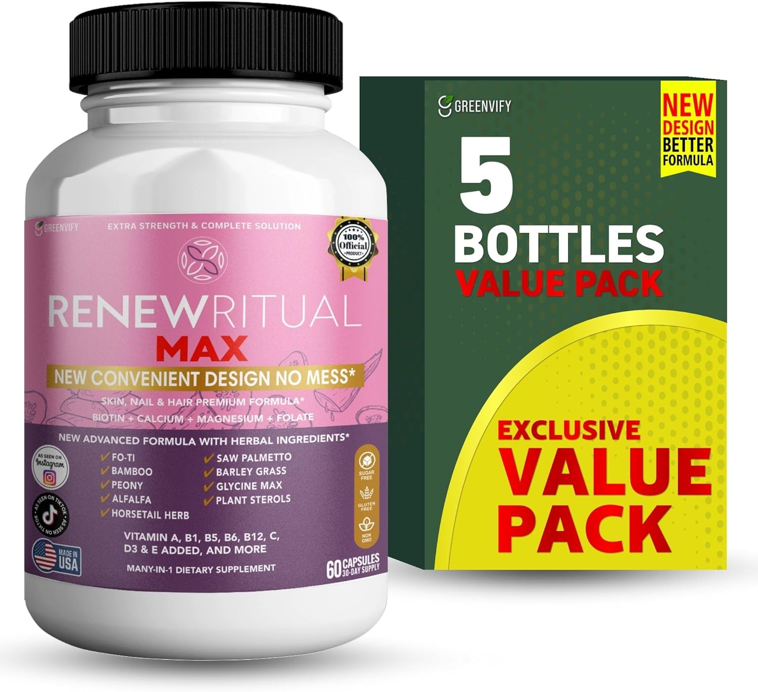 Renew Ritual Max, Hair Skin Nails Supplement, 60 Capsules, Vitamins A B C D E with Biotin (5)