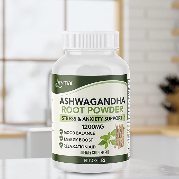Arymar Ashwagandha Root Powder Capsules – 60 Capsules – Adaptogenic Herbal Supplement
