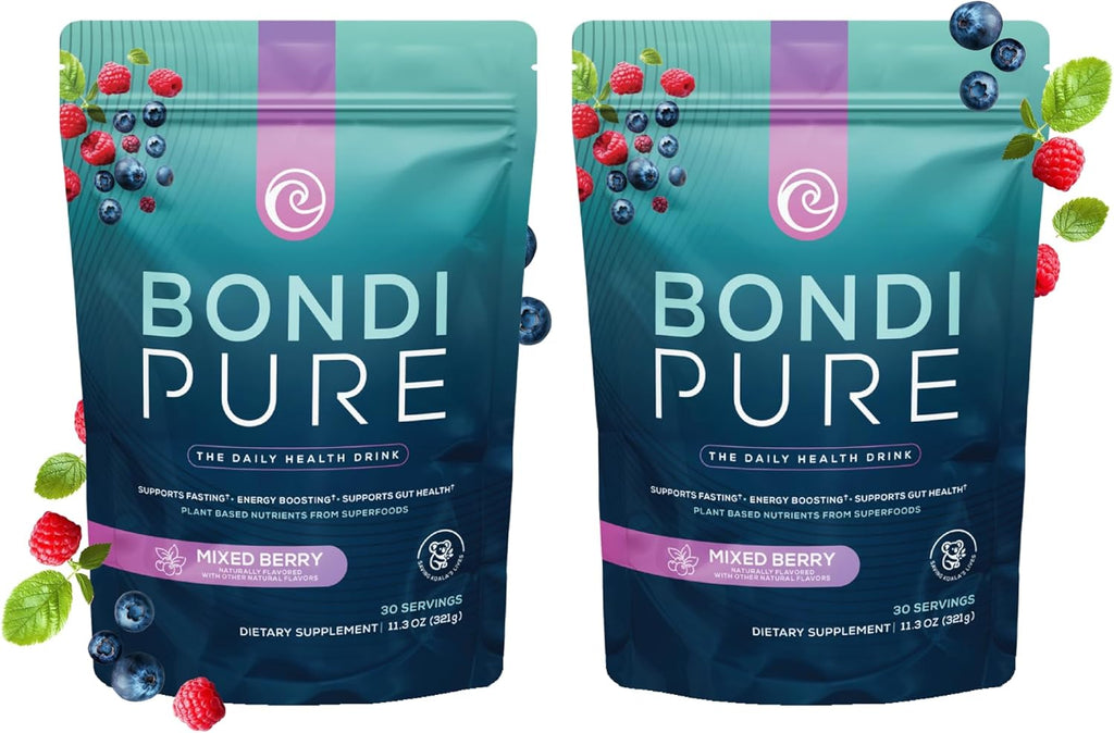 Bondi Pure - Daily Health & Detox Drink - Promote Gut Health & Energy Support During a Cleanse or Intermittent Fasting - Plant-Based Fibers, Alkalizing Super Greens - Berry (30 Servings) 2-Pack