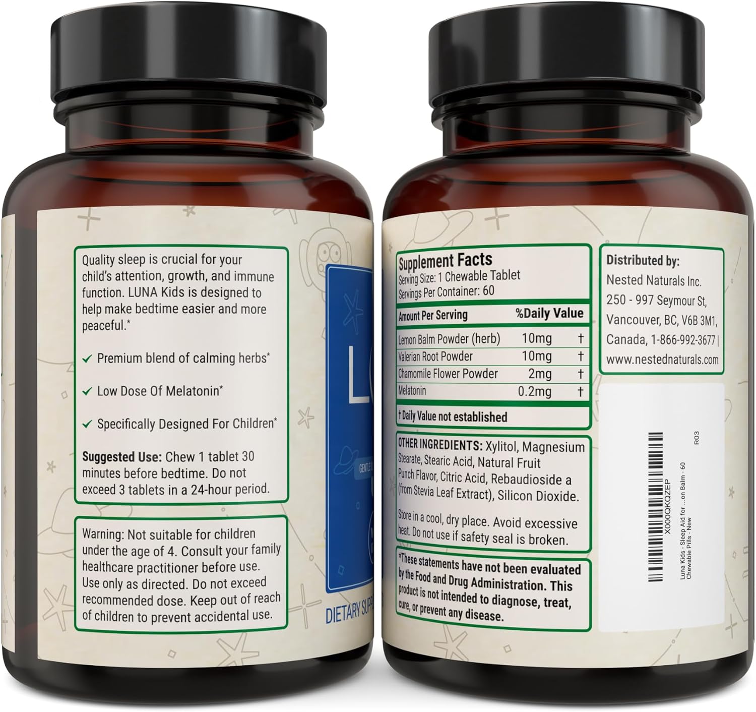 LUNA Kids | #1 Sleep Aid Tablets for Children 4+ and Sensitive Adults | Naturally Sourced Ingredients | 60 x Chewable Pills | Gentle, Herbal Supplement with Chamomile, Melatonin, Valerian & Lemon Balm
