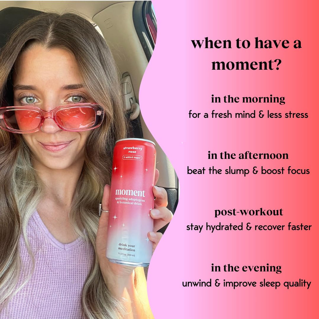 Moment Botanical Soda Soft Drink (Shark Tank) - SPARKLING Drinks | Strawberry Rose | L-Theanine & Ashwagandha for Calm & Clarity | 0 Added Sugar 0 Caffeine | 12-pack