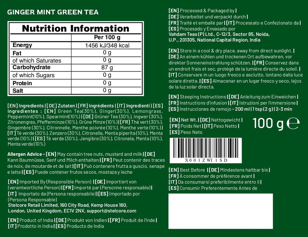 VAHDAM, Ginger Mint Green Tea Loose Leaf (50+ Cups, 3.5oz) Blend Of Ginger Tea & Mint Tea | Pure Green Tea Leaves | High Elevation Grown | Vacuum Sealed