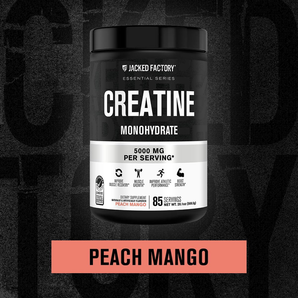 Jacked Factory Creatine Monohydrate Powder 425g - 5g Daily Creatine Supplement for Men and Women, Vegan-Friendly, Third-Party Tested - 85 Servings, Peach Mango