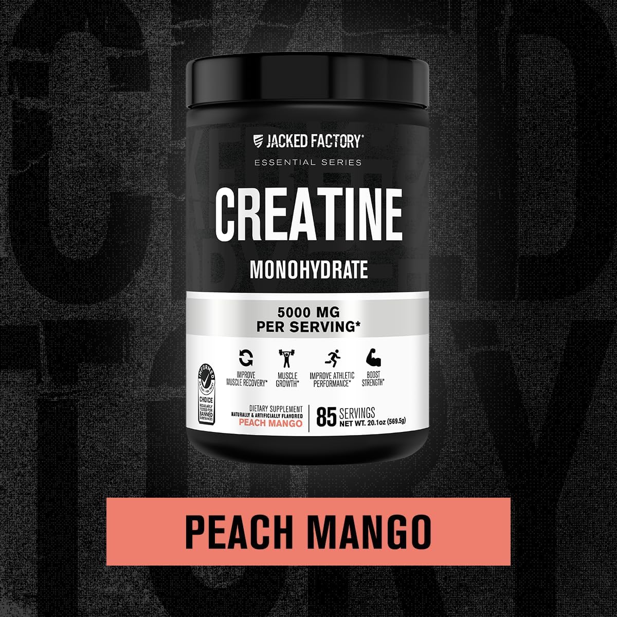 Jacked Factory Creatine Monohydrate Powder 425g - 5g Daily Creatine Supplement for Men and Women, Vegan-Friendly, Third-Party Tested - 85 Servings, Peach Mango