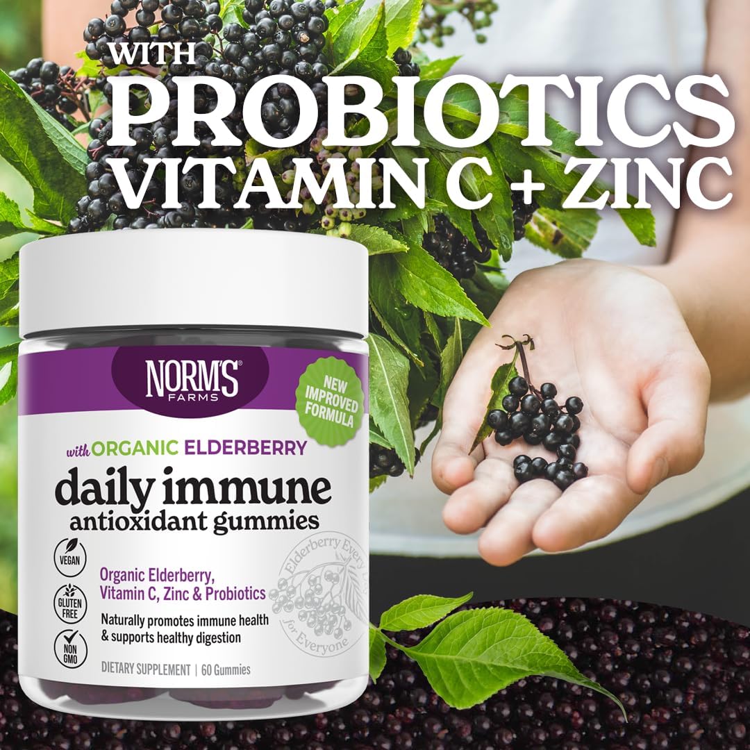 Norm's Farms Organic Elderberry Gummies - Daily Immune Support for Adults & Kids with Zinc, DE111 Probiotic, Vitamin C - Made in USA, 3rd Party Tested - Vegan, Gluten-Free, Kosher, Non-GMO, 60 Gummies
