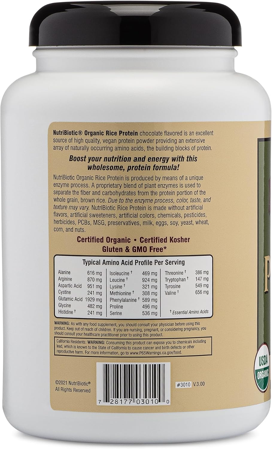 NutriBiotic Certified Organic Rice Protein Chocolate, 22.9 Oz | Low Carbohydrate Vegan Protein Powder | Raw, Certified Kosher & Keto Friendly | Made Without Chemicals, GMOs & Gluten | Easy to Digest