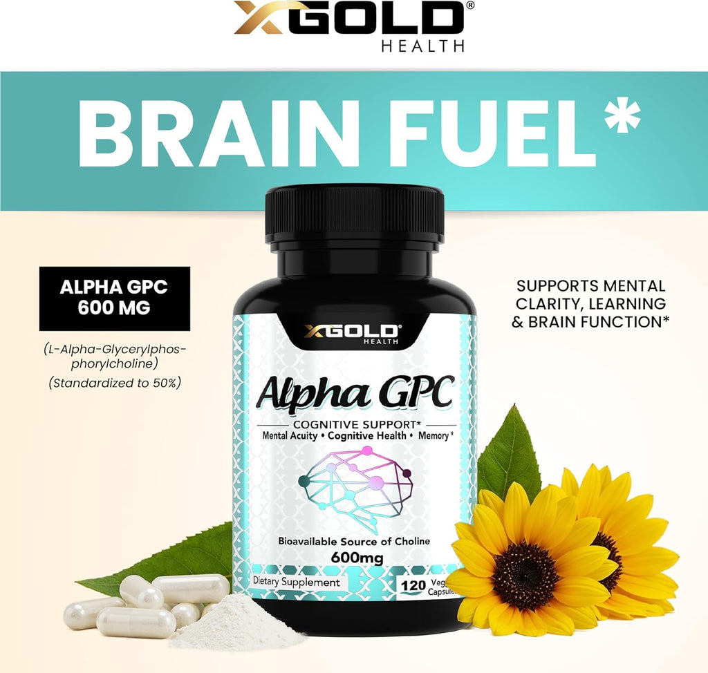 Alpha GPC Choline Supplement 600mg, 99%+ Highly Purified, Highly Bioavailable Source of Choline,120 Veggie Capsules, Cognitive Enhancer Nootropic, Supports Memory & Brain Function, Boosts Focus & Mood