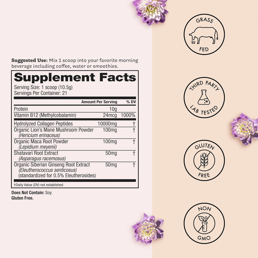 Winged Wellness Glow Up AM, Collagen Powder for Women - Morning Beauty Supplement for Glowing Skin with Grass-Fed Hydrolyzed Collagen Peptides, Lion's Mane & Maca Root - 21 Servings, Unflavored
