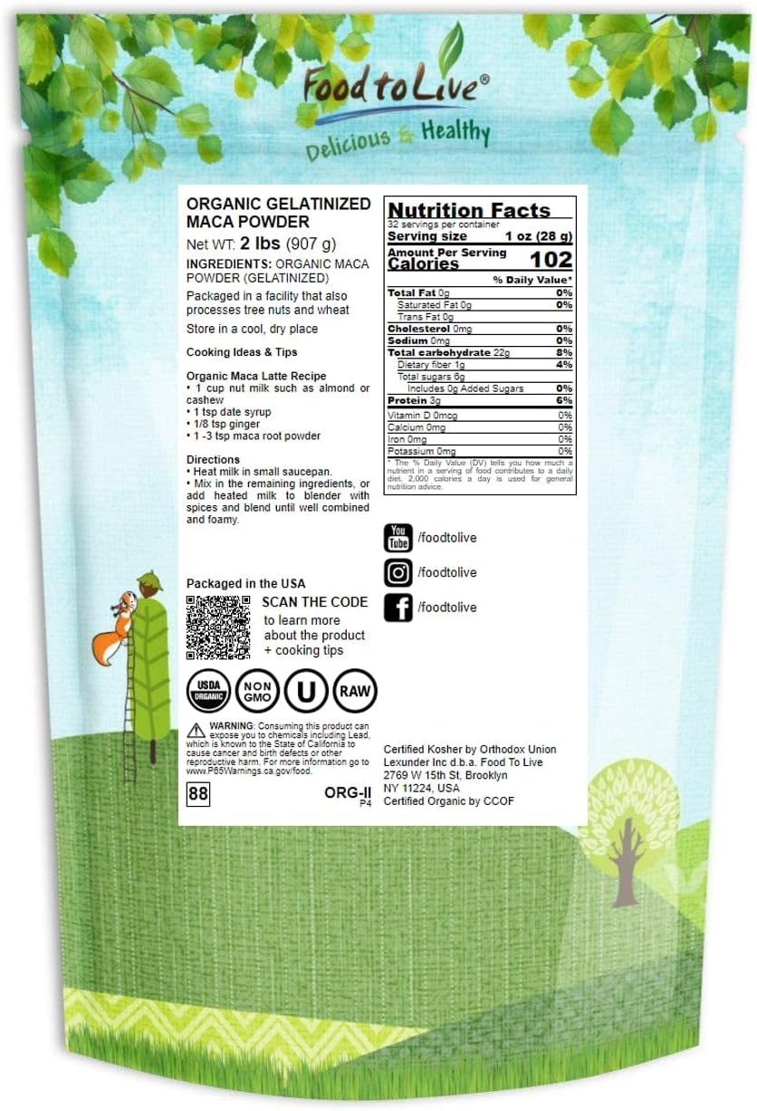 Food to Live Organic Maca Powder, 2 Pounds Gelatinized, Non-GMO, Kosher, Vegan, Bulk