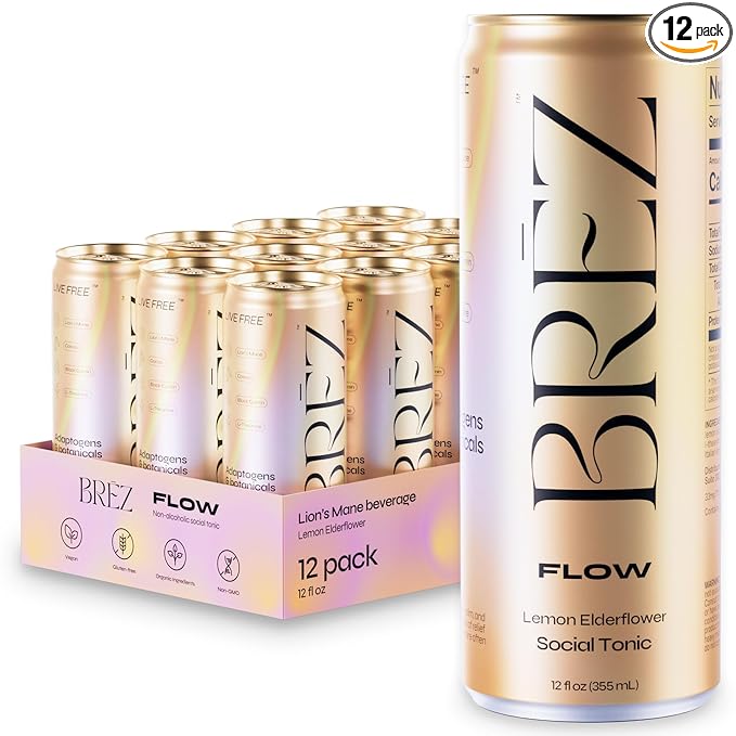 BRĒZ FLOW Lion’s Mane Mushroom Drink 12 Pack, Lemon Elderflower, Supports Mood & Focus, Non-Alcoholic Sparkling Adaptogen Drink, Functional Mushrooms, Feel Clear, Calm & Refreshed- 12 Fl oz Cans