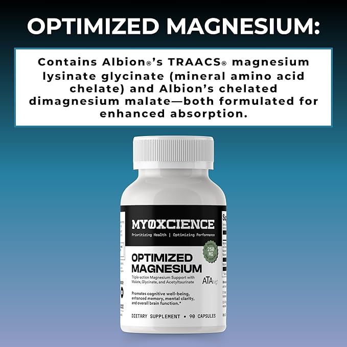 MYOXCIENCE Optimized Magnesium Glycinate + Magnesium Taurate (as ATAmag®) for High Brain Bioavailability to Support Stress Relief and Sleep | 30 Servings