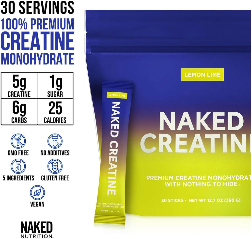NAKED Pure Micronized Lemon Lime Creatine Monohydrate Stick Packs, Vegan, Non-GMO, Gluten Free, Soy Free. Aid Strength Gains, No Additives - 30 Stick Packs