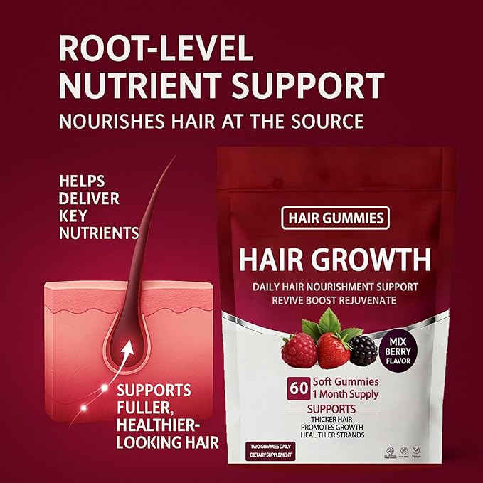 Lumin Hair Growth Gummies – Daily Hair Nourishment with Biotin, Collagen & Botanical Extracts – Supports Thicker, Stronger & Healthier-Looking Hair – Mixed Berry Flavor, 60 Gummies (2)