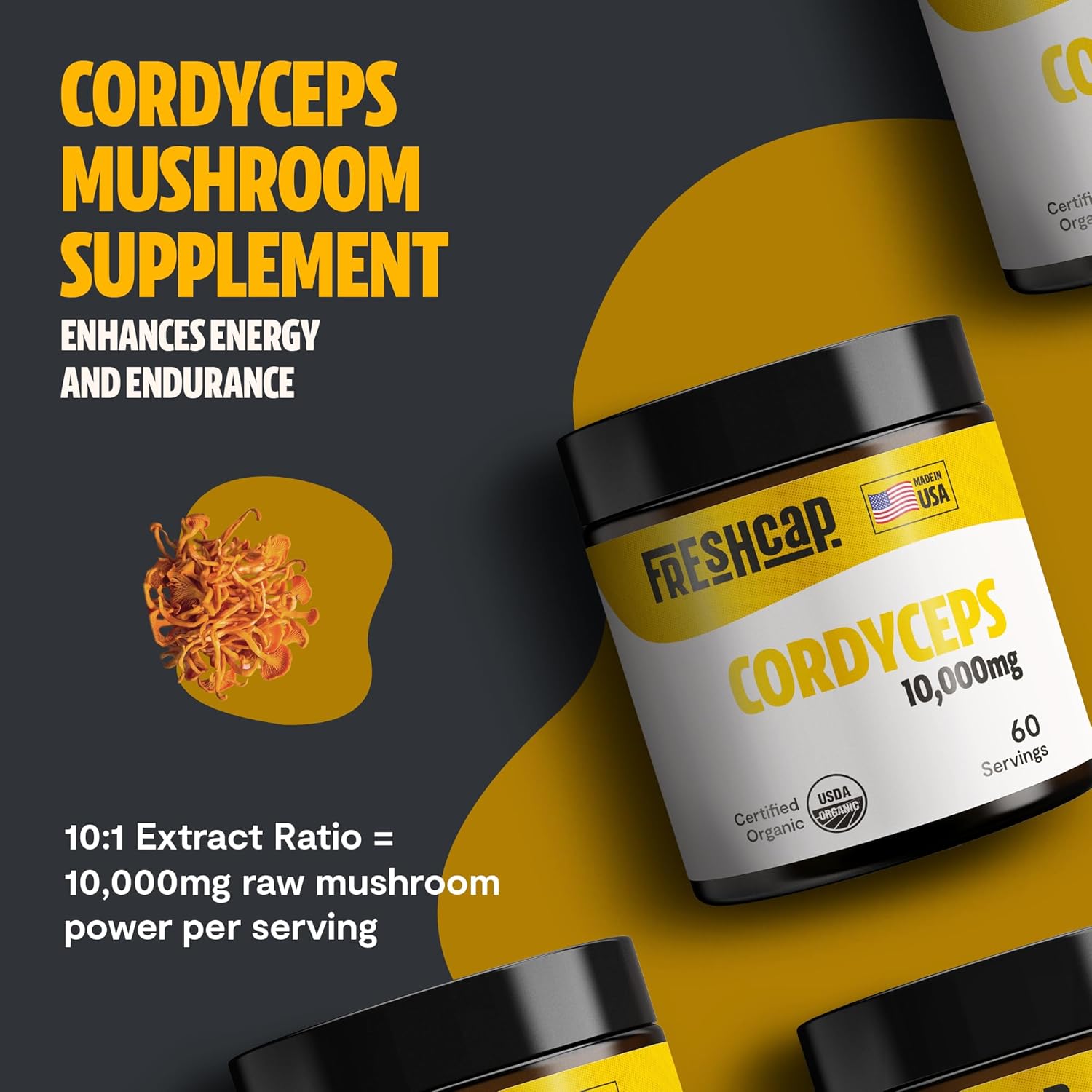 FreshCap Mushrooms Cordyceps Mushroom Powder 10,000mg - Mushroom Extract Immunity Supplement, Ayurveda Nootropic Mushroom Supplements (60 Servings)
