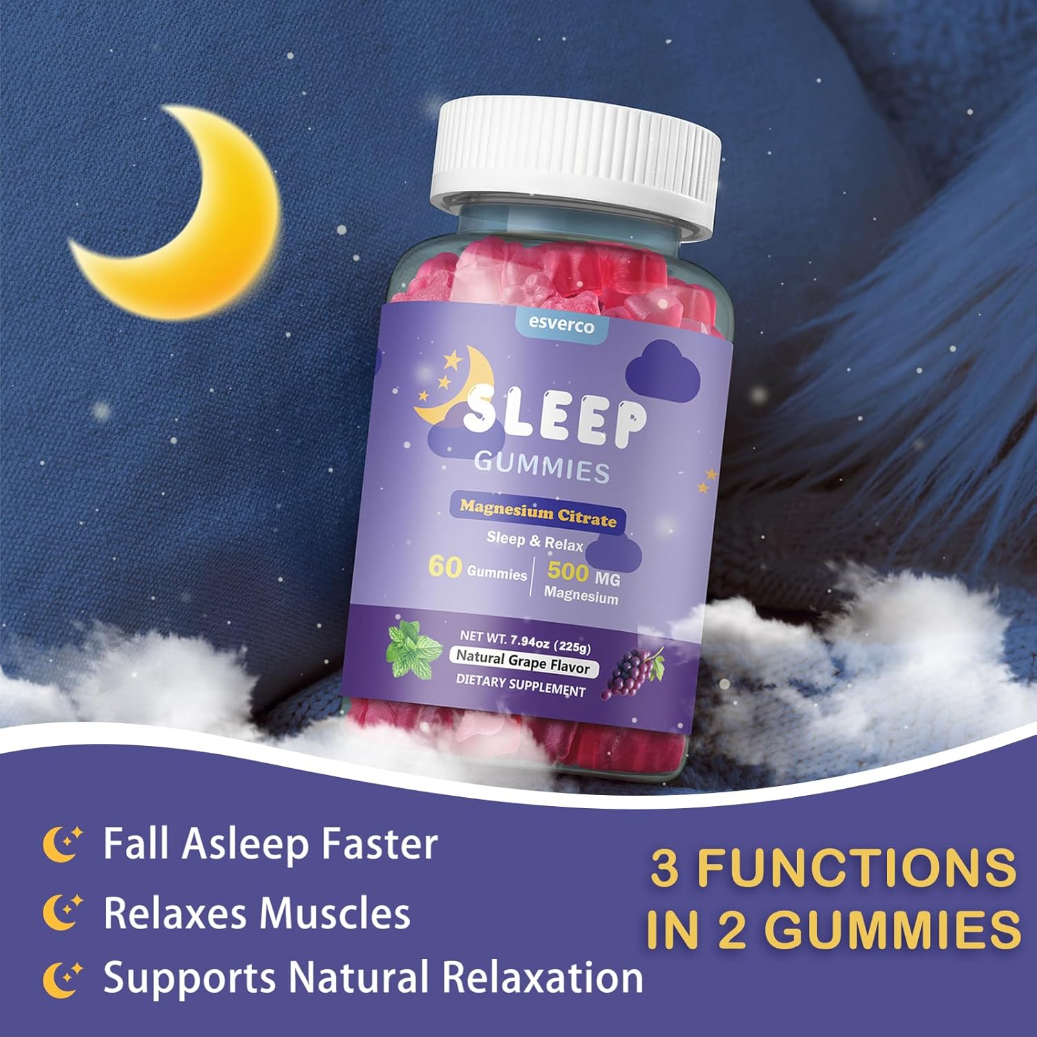 Sleep Gummies, 500mg Magnesium Citrate, High Absorption Magnesium Gummies with L-Theanine and Herbal Blend for Sleep, Mood, Relaxation, for Adults, Vegan, Grape Flavor, 60 Count