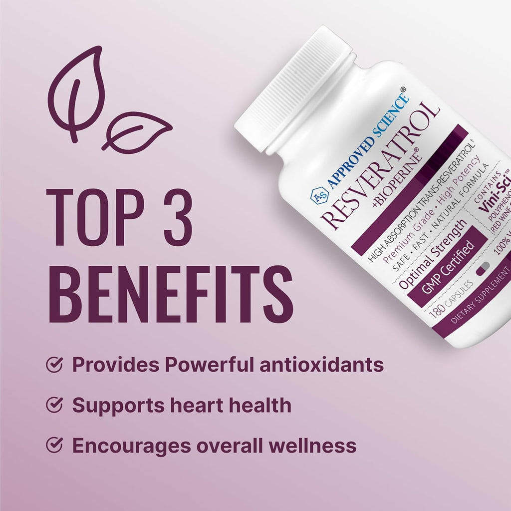 Approved Science® Resveratrol - 1000 mg of Trans Resveratrol - 250 mg of Polyphenol - 98% Purity Level - Includes Bioperine® - 380 Vegan Friendly Capsules - 2 Bottles