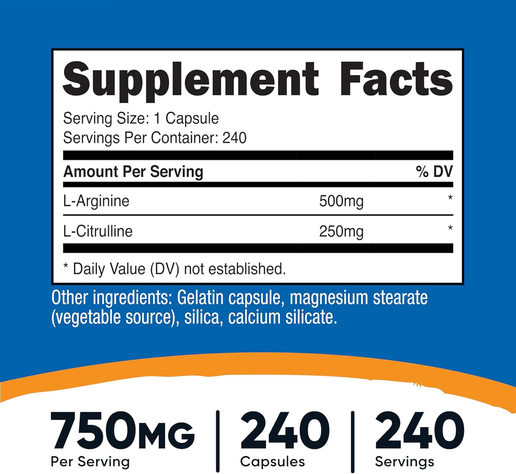 Nutricost L-Arginine L-Citrulline Complex 750mg, 240 Capsules (2 Bottles) - Non-GMO