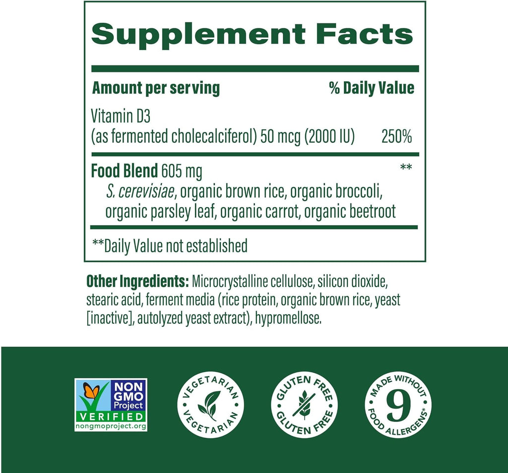 MegaFood Vitamin D3 2000 IU (50 mcg) - Vitamin D Supplements With Real Food, Immune Support, Supports Bones, Teeth & Muscles, Vegetarian, Certified Non-GMO, Kosher – 90 Tablets, 90 Servings