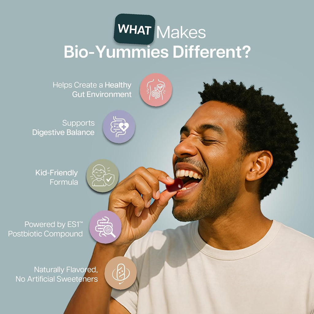 Houston Enzymes BioYummies Postbiotic Digestive Health Supplement with ES1 Postbiotics, Gut Health for Men & Women, Metabolites from Prebiotics and Probiotics, 60 Fruit Punch Flavor Chewable Gummies