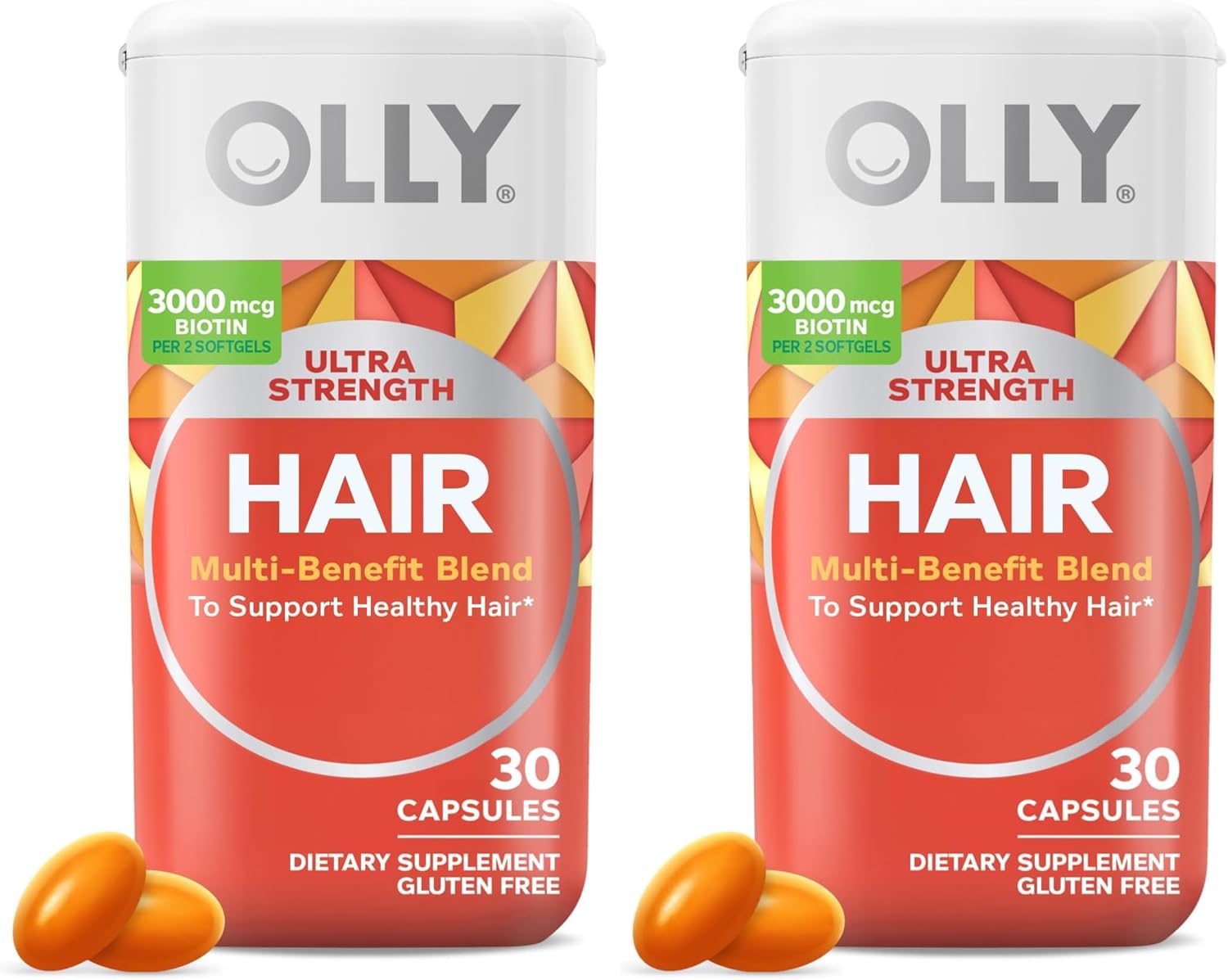 OLLY Ultra Strength Hair Softgels, Supports Hair Health, Biotin, Keratin, Vitamin D, B12, Hair Supplement, 30 Day Supply - 30 Count (Packaging May Vary) (Pack of 2)