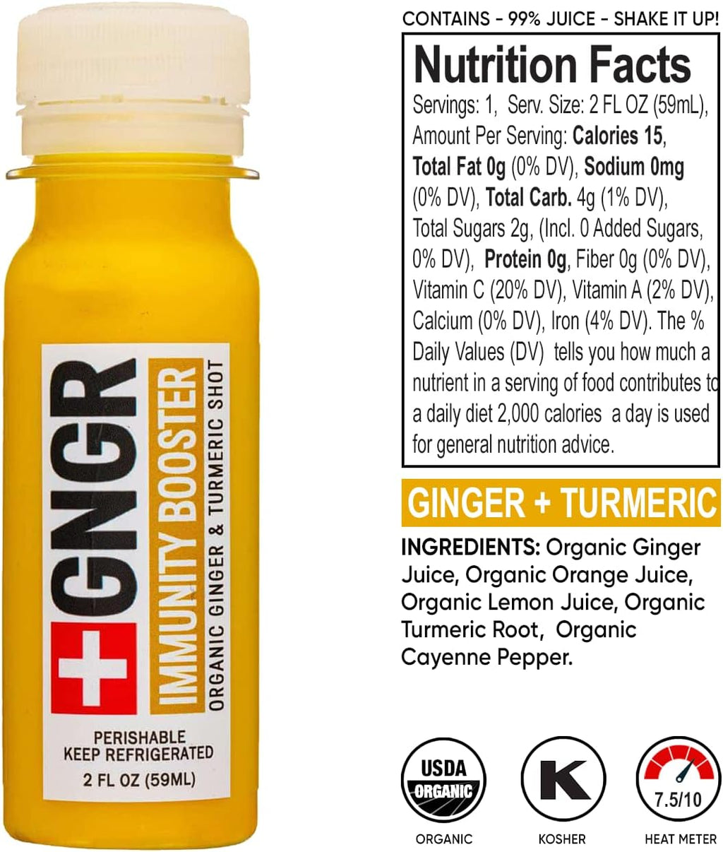 +GNGR 24 Shots Variety Pack of Organic Immunity Boosting Ginger Shots - Cold Pressed Ginger Shots for All Natural Digestive and Immune Support - Nothing Artificial - USDA Organic (2 Fl Oz, 24 Pack)