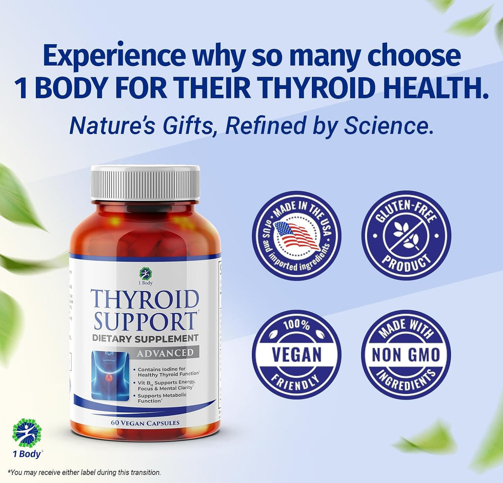 1 Body Thyroid Support Supplement with Iodine, Vitamin B12, Zinc, 60-Day Supply, 2 Pack
