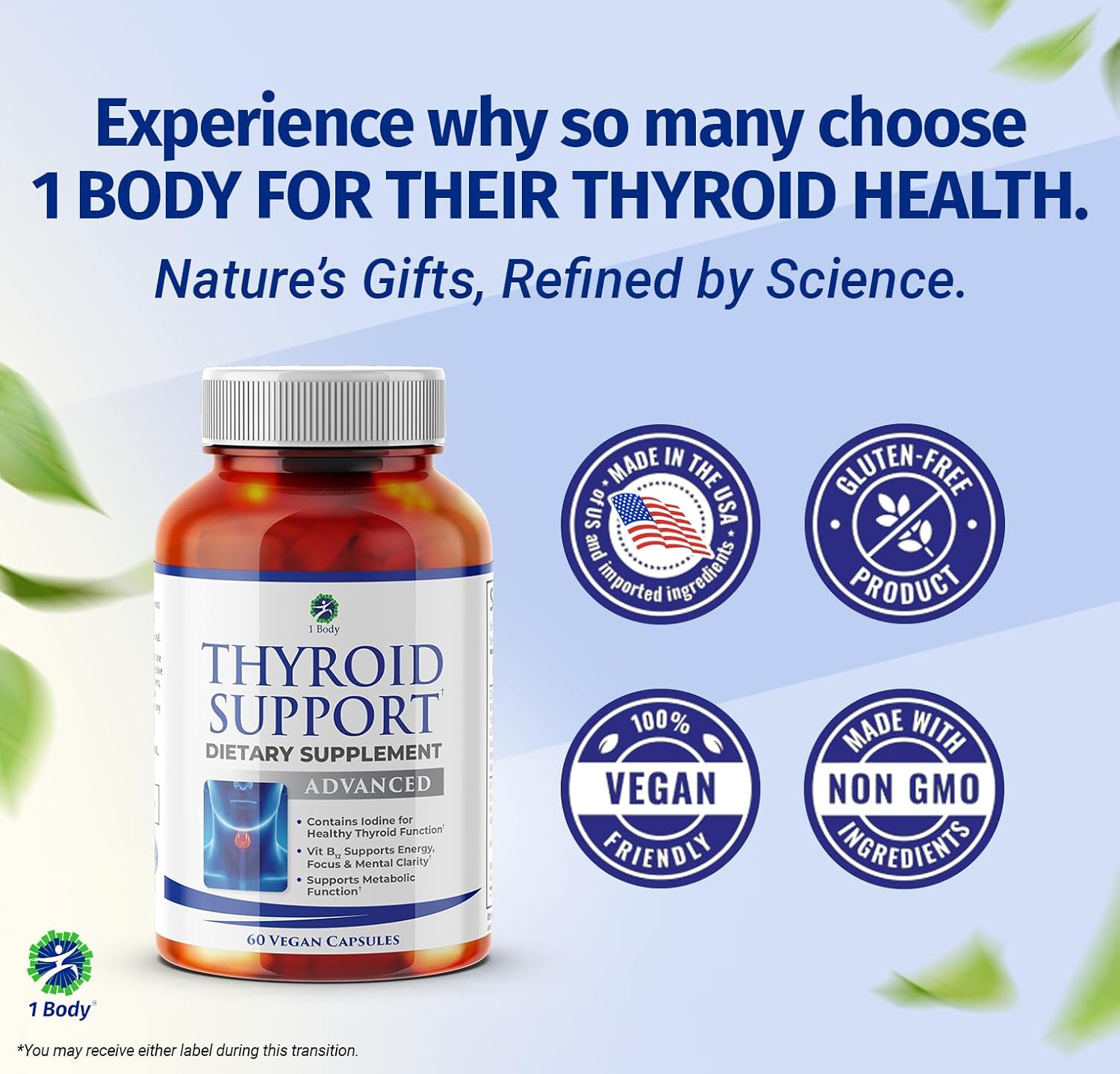 1 Body Thyroid Support Supplement with Iodine, Vitamin B12, Zinc, 60-Day Supply, 2 Pack