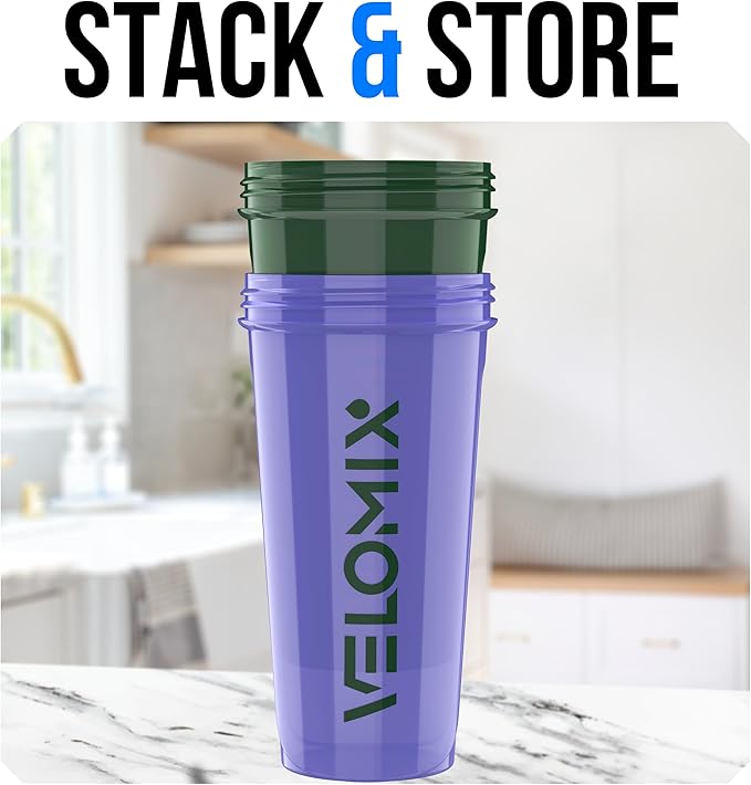 VELOMIX -2 Pack- 28 oz Protein Shaker Bottles for Protein Mixes - 2x Wire Whisk | Leak Proof Shaker Cups for Protein Shakes | Protein Shaker Bottle Pack (Green/Purple)