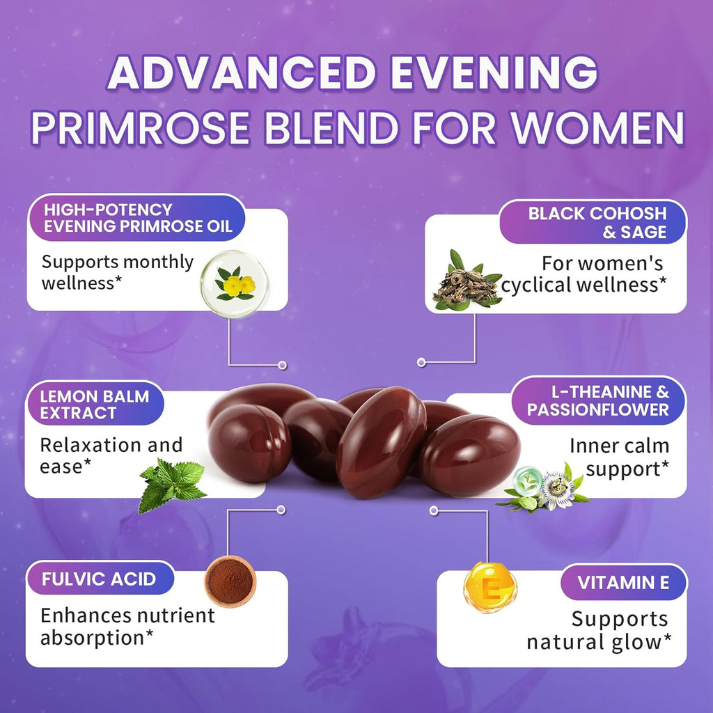 Evening Primrose Oil Complex for Women – Hormone Wellness with Cold-Pressed EPO, 10% GLA, Sage, Fulvic Acid, L-Theanine – Supports Cyclical Balance, Mood, Skin & Immune Health, 90 Softgels