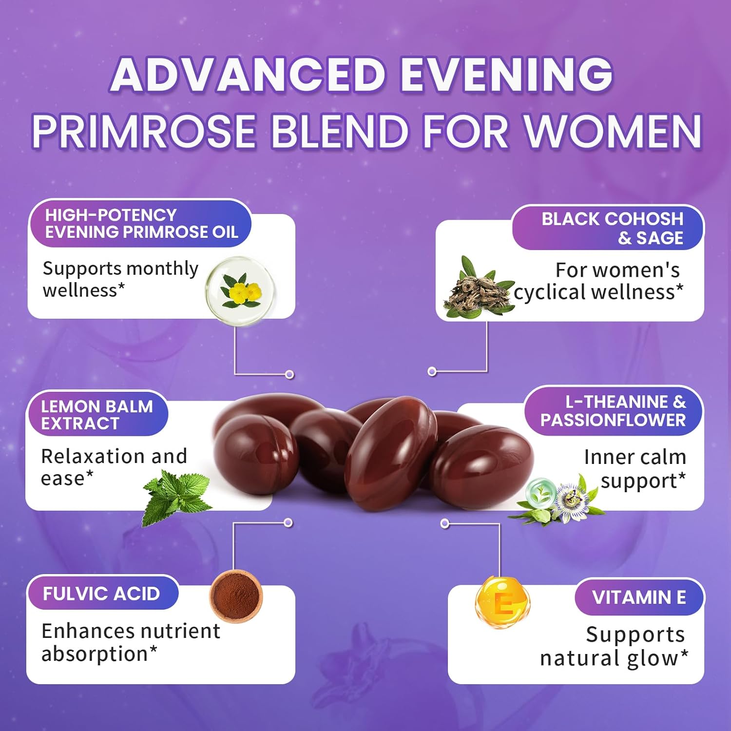 Evening Primrose Oil Complex for Women – Hormone Wellness with Cold-Pressed EPO, 10% GLA, Sage, Fulvic Acid, L-Theanine – Supports Cyclical Balance, Mood, Skin & Immune Health, 90 Softgels