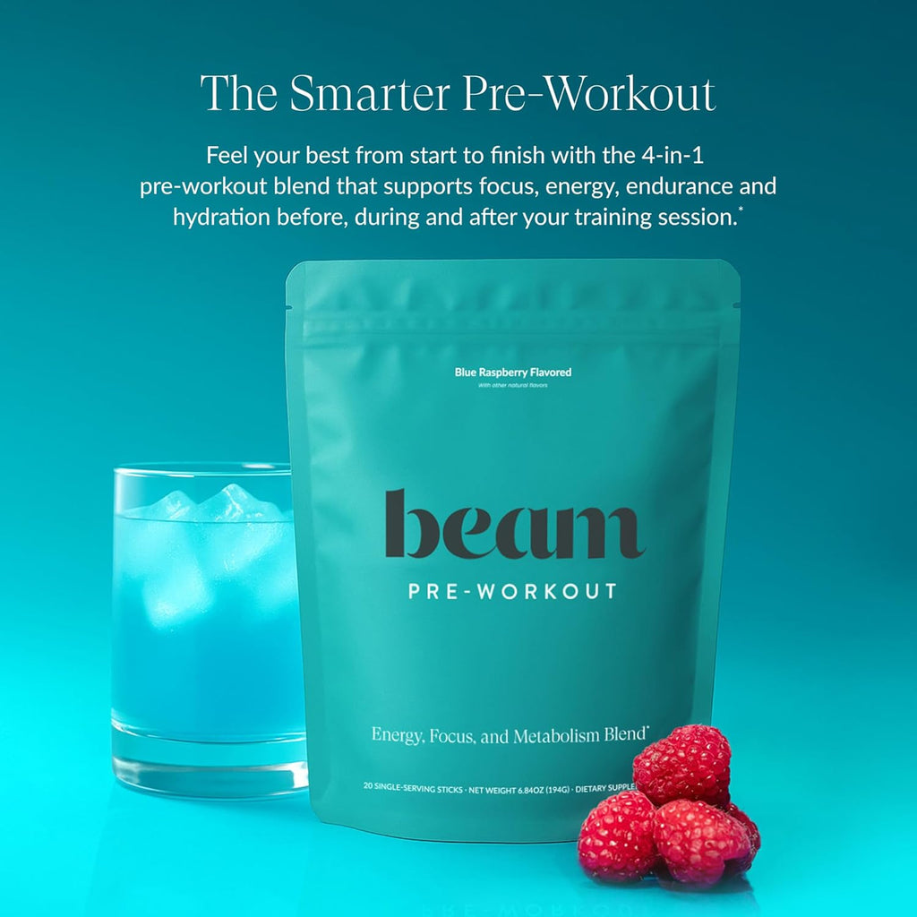 Beam Pre Workout Powder for Energy, Focus & Endurance – Natural Caffeine from PurCaf, Cognizin, Electrolytes, L-Citrulline, Beta-Alanine, L-Theanine – No Crash, Jitter-Free, 20 Serving Sticks