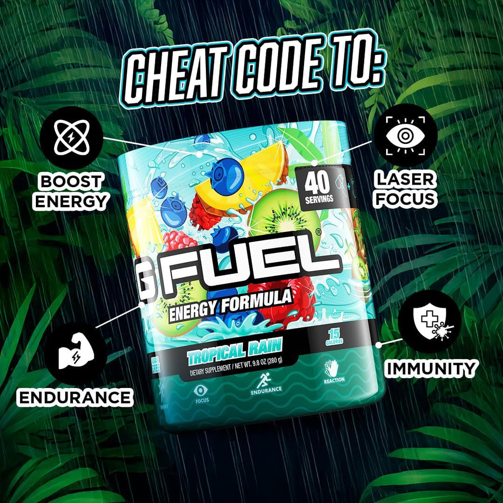 G Fuel Tropical Rain Energy Drink Powder, Pre Workout Caffeine Mix for Gaming, Sugar Free Focus Amino, Vitamin + Antioxidants, 9.8oz (Fruit Medley, 40 Servings)