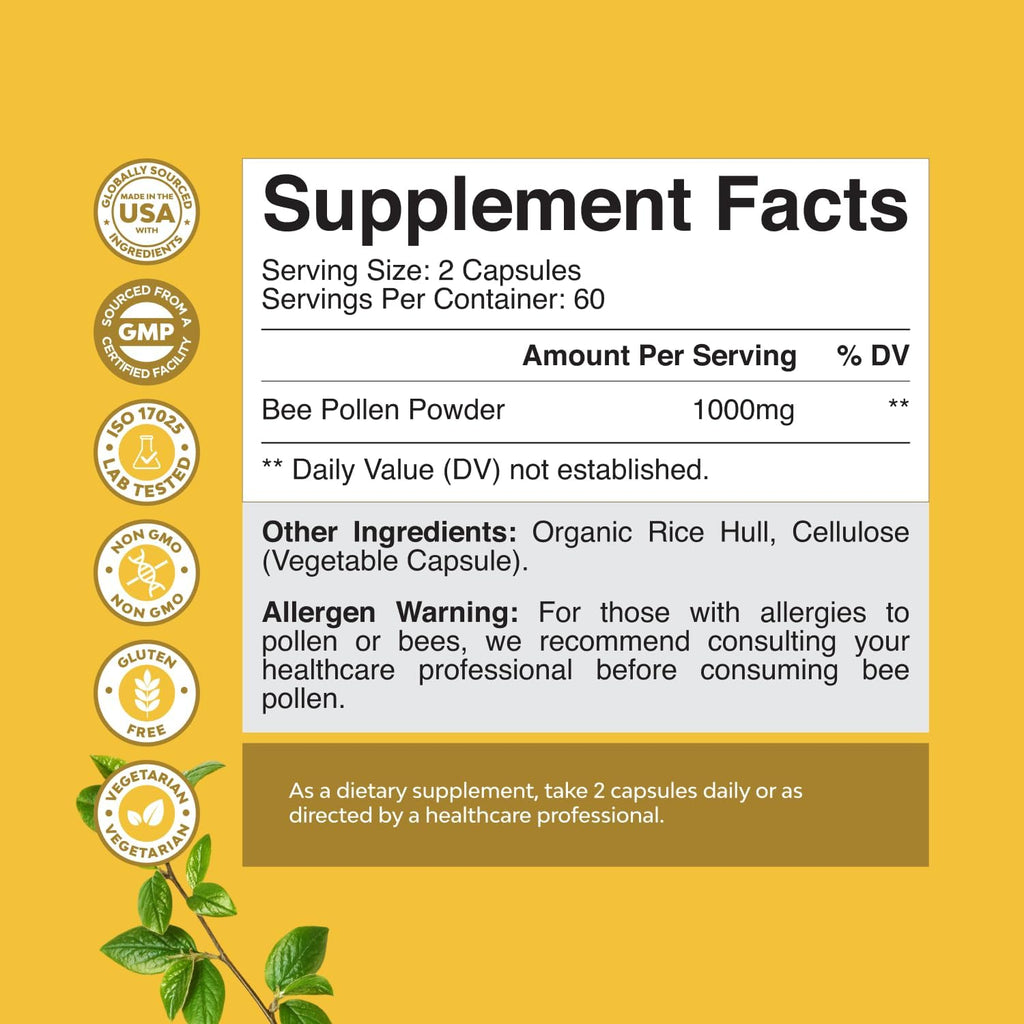Bee Pollen Pills for Breast Growth 120 Ct - Bee Pollen Supplement 1000mg Serving with Naturally Occurring B Vitamins Minerals & Enzymes - Breast Support Supplement - Vegetarian, Non-GMO & Gluten Free