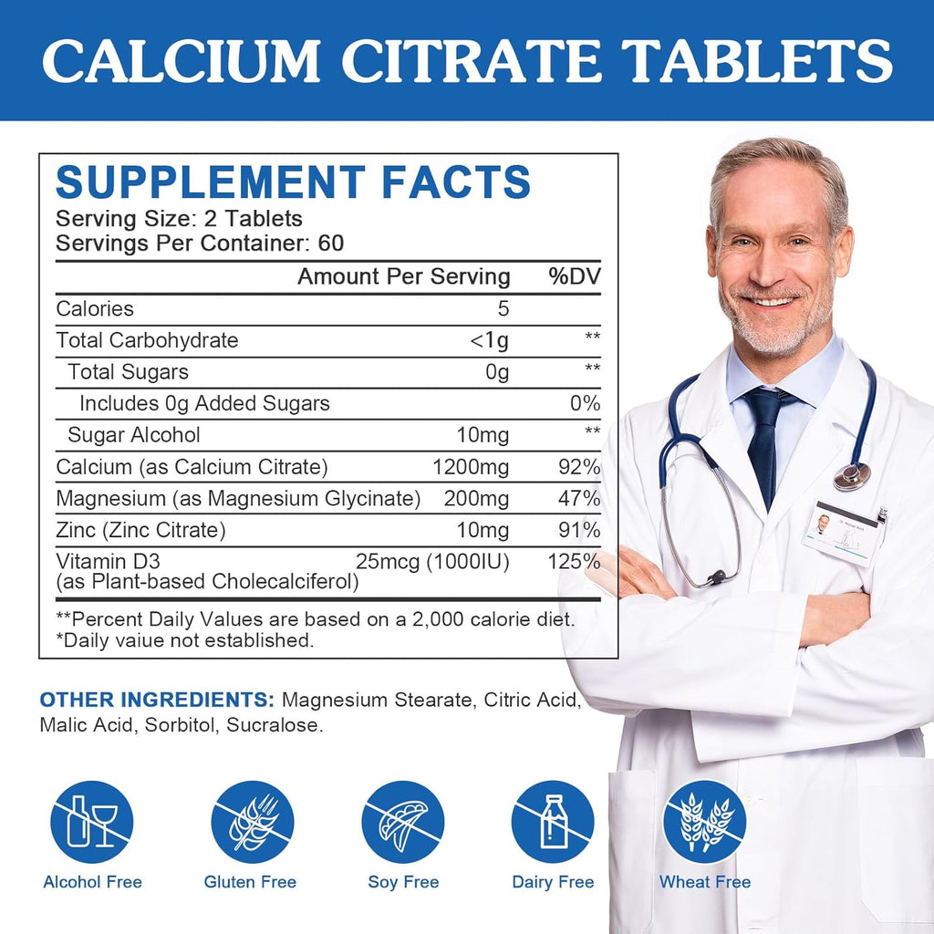Calcium Citrate 1200mg Supplement with Vitamin D3 for Women and Men - Calcium Magnesium Zinc D3 Supplement for Bone, Teeth, Immune Support, Vegan-Friendly - 120 Tablets