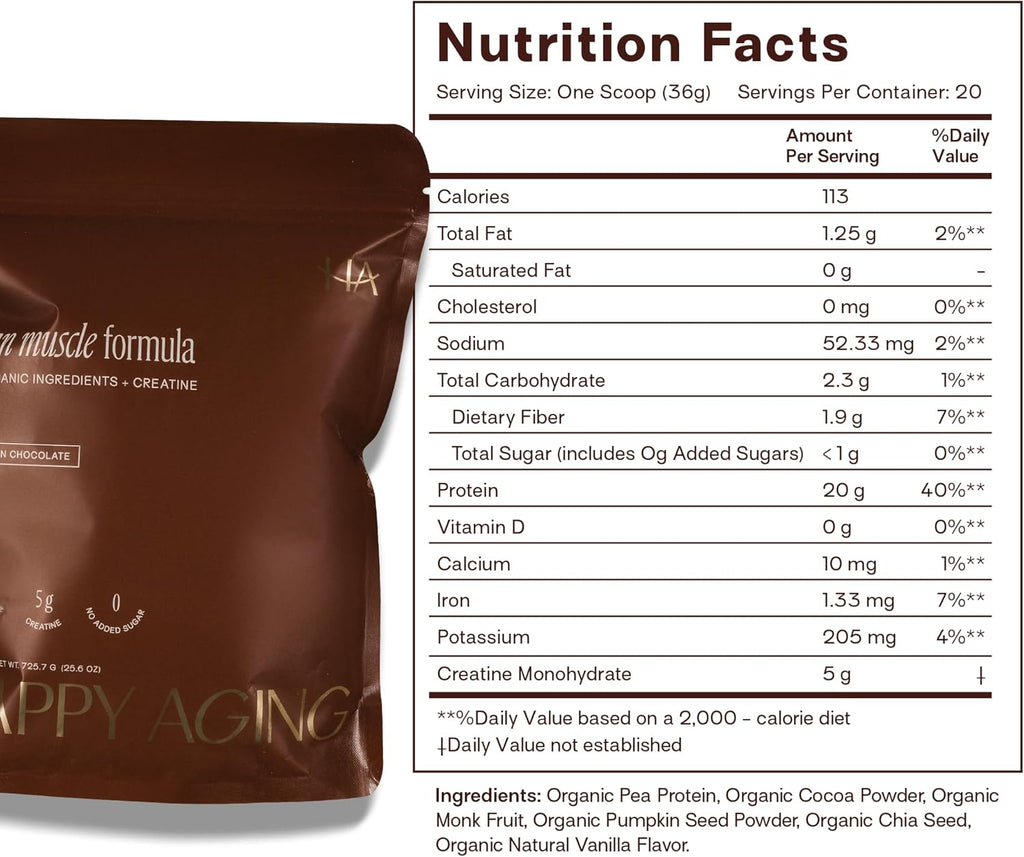 Happy Aging Protein Powder for Women, 20g Organic Pea & Pumpkin Seed Protein, 5g Creatine, Monk Fruit Sweetened, Organic Cocoa & Chia, Clean Simple Eats Vegan Plant Based Protein