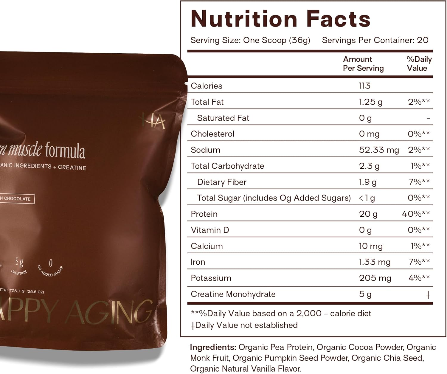 Happy Aging Protein Powder for Women, 20g Organic Pea & Pumpkin Seed Protein, 5g Creatine, Monk Fruit Sweetened, Organic Cocoa & Chia, Clean Simple Eats Vegan Plant Based Protein
