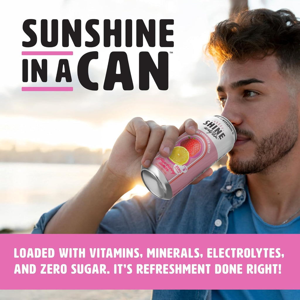 ShineWater Vitamin D Hydration Electrolyte Drink - Flavored water with electrolytes, Sugar-Free, Magnesium, Zinc, Vitamin B12, Plant-Based, Low Calorie - Strawberry Lemon Fruit Water 12 Pack