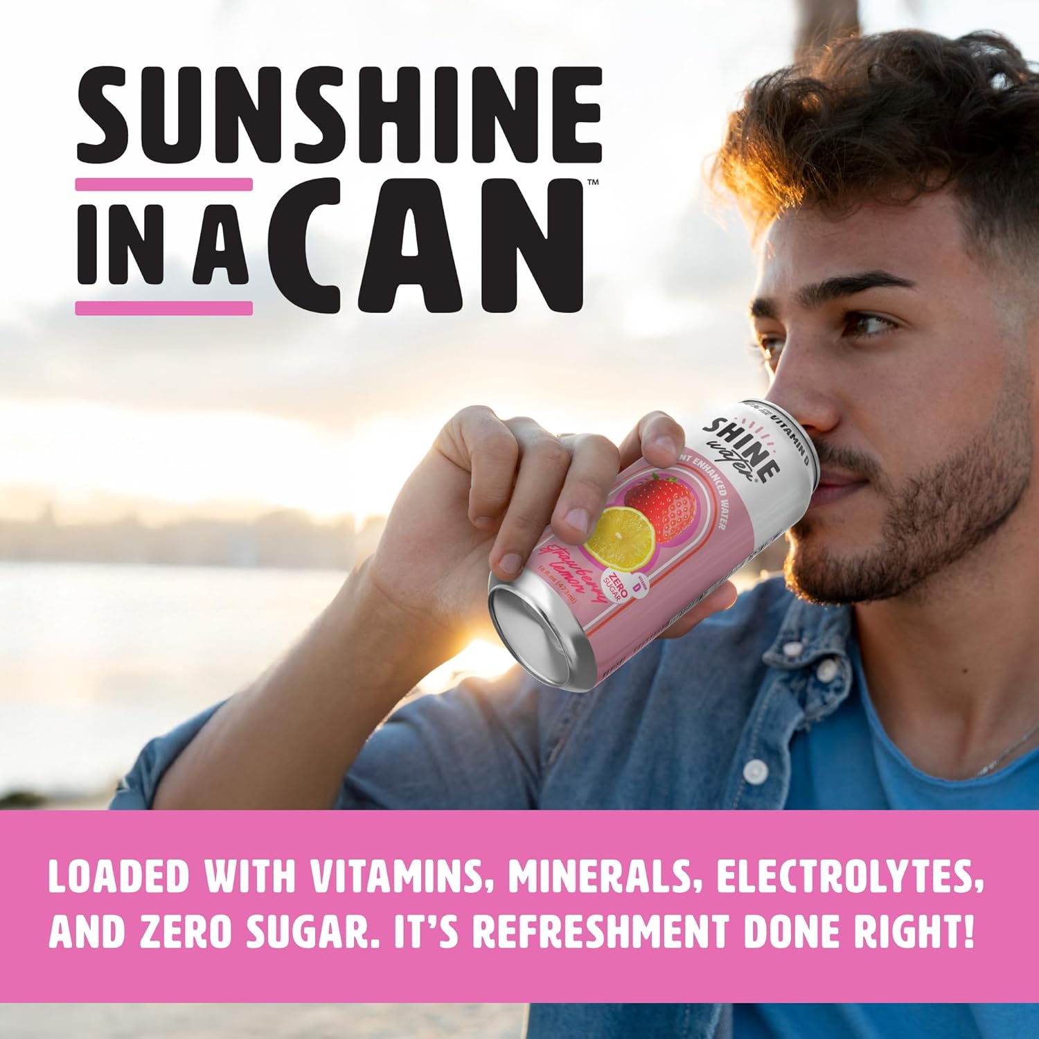 ShineWater Vitamin D Hydration Electrolyte Drink - Flavored water with electrolytes, Sugar-Free, Magnesium, Zinc, Vitamin B12, Plant-Based, Low Calorie - Strawberry Lemon Fruit Water 12 Pack