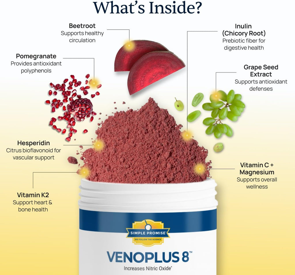 VenoPlus 8 - Beet Root Powder Nitric Oxide Booster Supplement for Men & Women - Supports Healthy Blood Flow for Heart & Energy - Pomegranate, Vitamin K2, Antioxidants & Prebiotic Fiber - 30 Servings