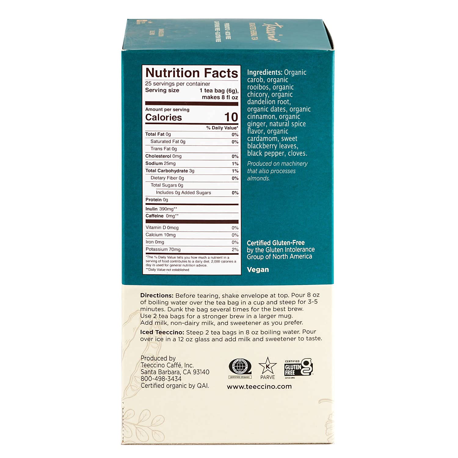 Teeccino Dandelion Red Chai Tea - Caffeine-Free, Roasted Herbal Tea with Prebiotics, 3x More Herbs than Regular Tea Bags, Gluten Free - 25 Tea Bags (Pack of 3)