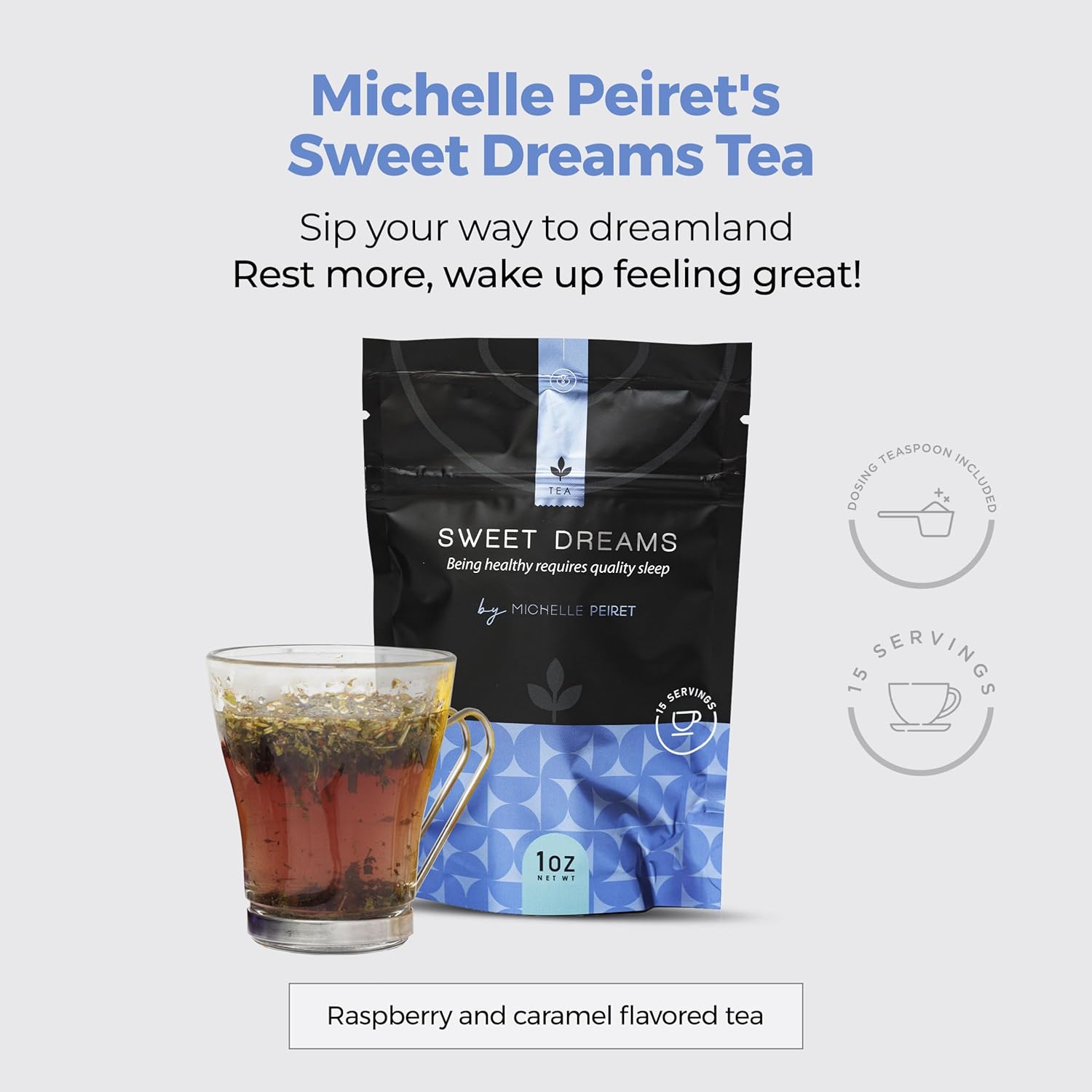 Michelle Peiret Sweet Dreams Sleep Tea Sleepy, Blend, Natural Bedtime Tea for Restful Nights, Raspberry Flavored, 15 Servings